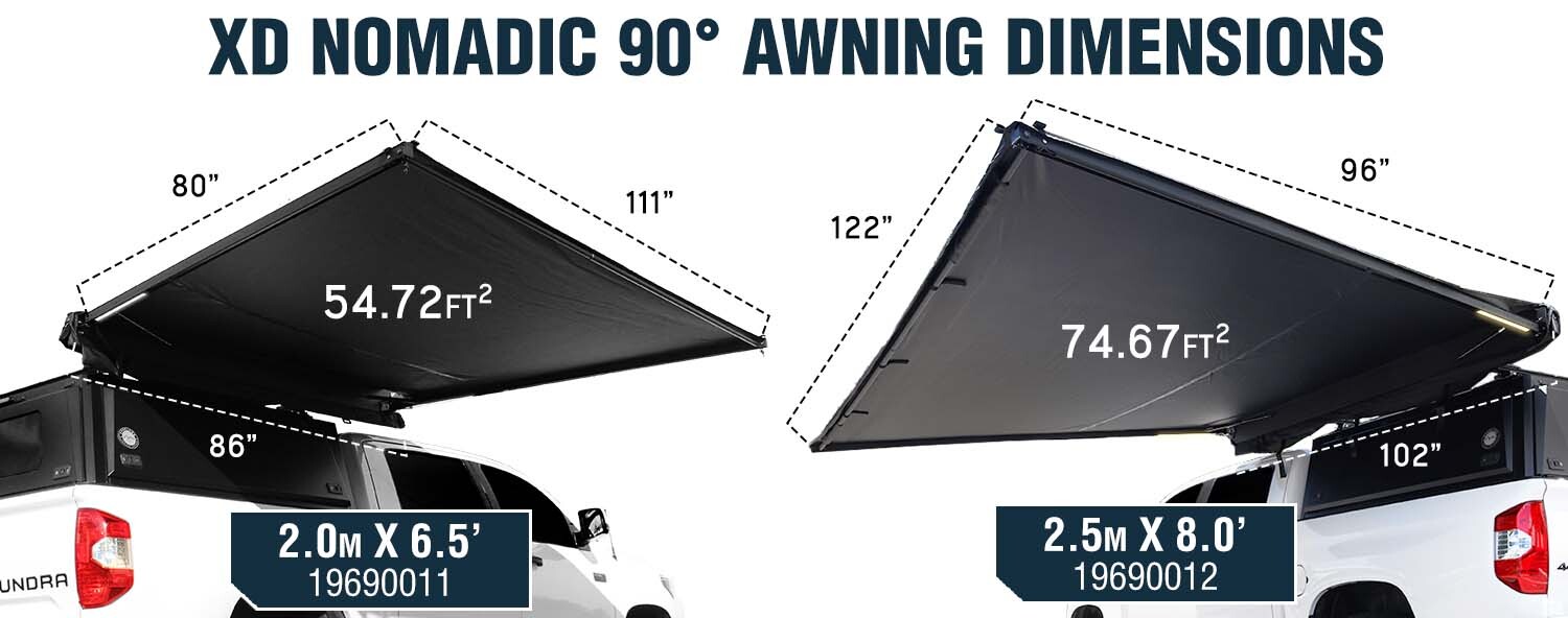 OVS XD Nomadic 90 degree awning size comparison between 6.5 foot and 8.0 foot models showing dimensions