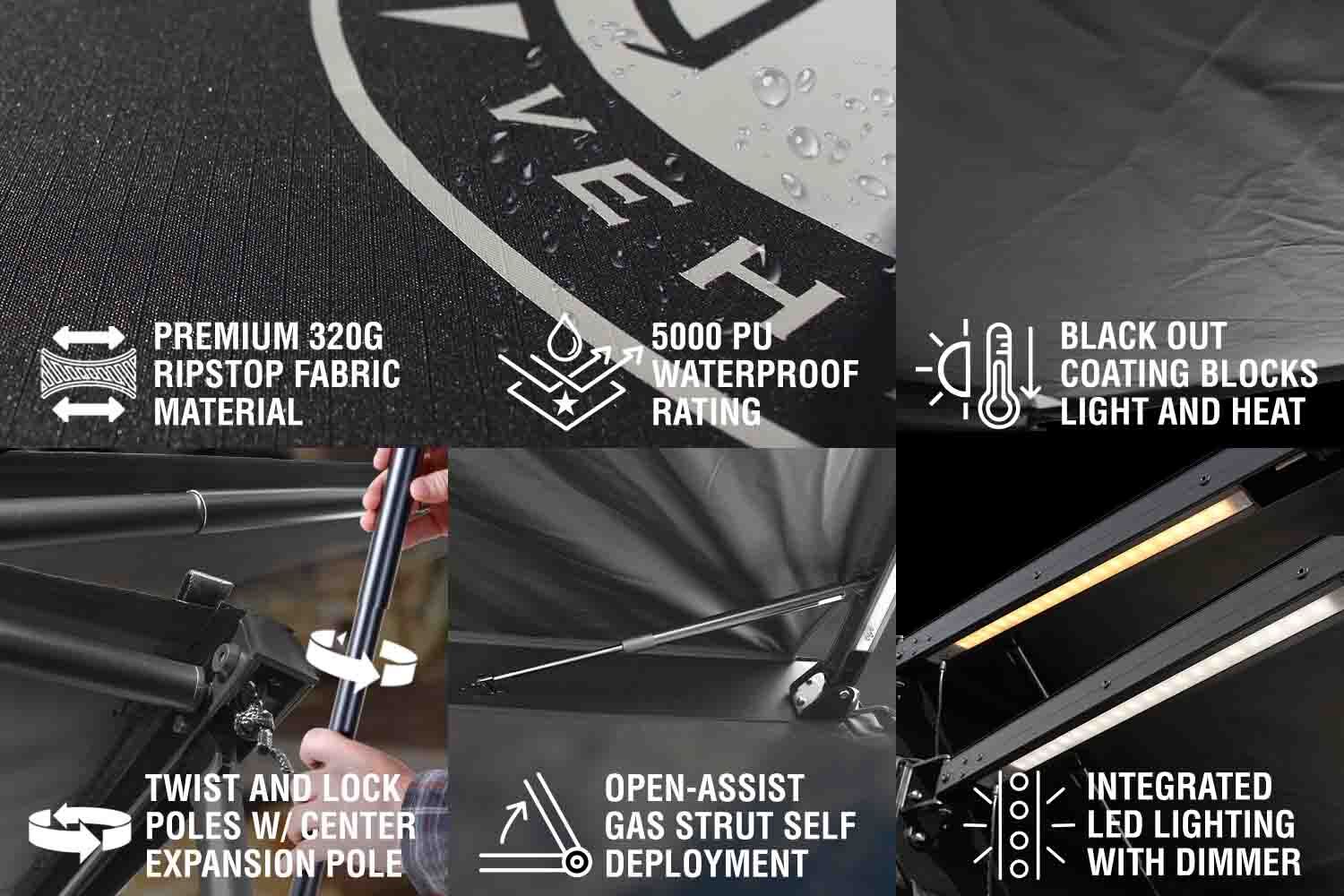 OVS XD Nomadic 90 degree awning features 320G ripstop fabric 5000 PU waterproof blackout coating twist lock poles gas strut deployment integrated LED lighting