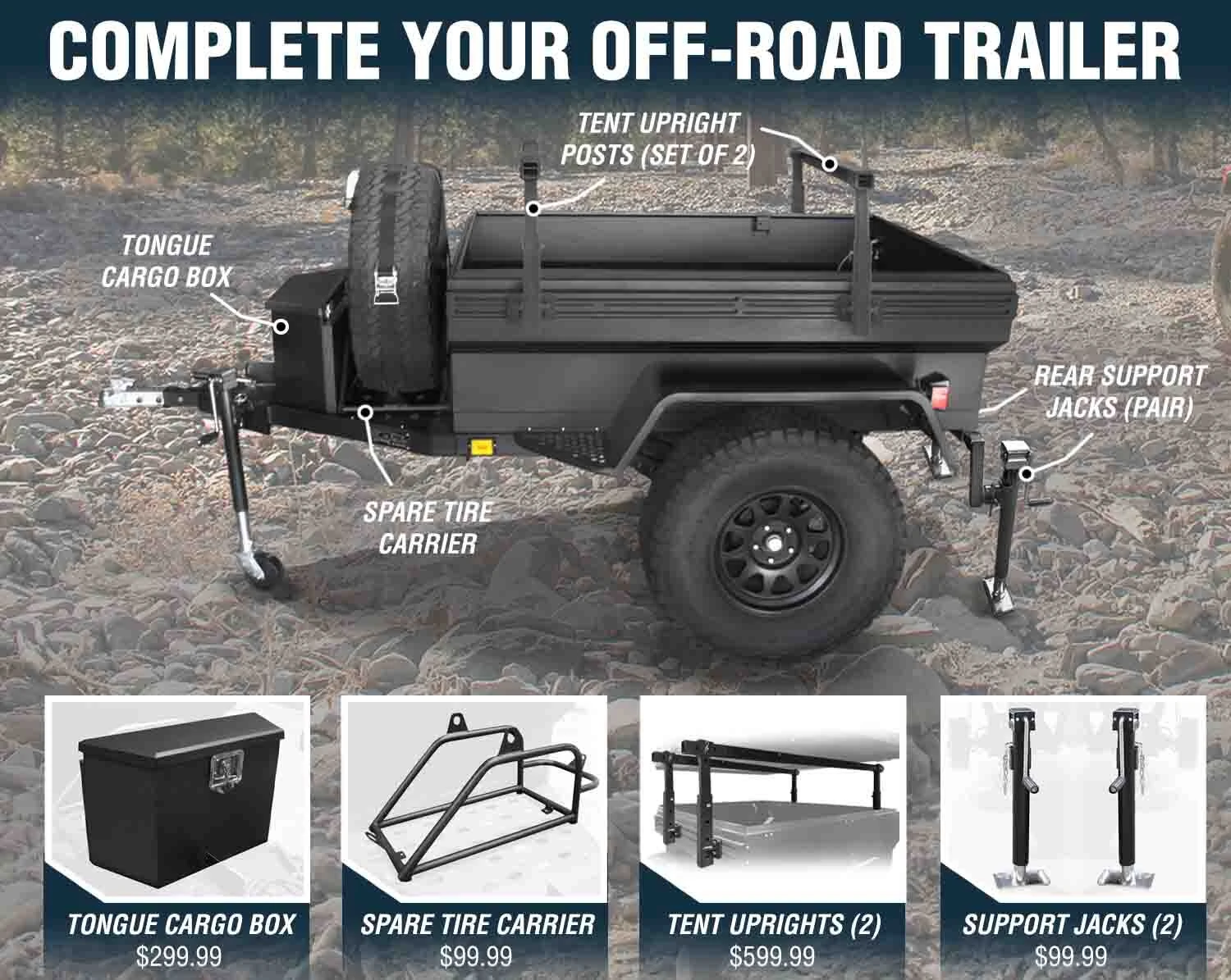OVS off road trailer optional upgrades rear support jacks tent uprights spare tire mount tongue cargo storage box