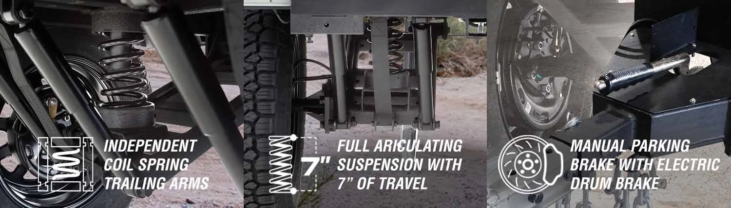 OVS off road trailer independent coil spring trailing arms full articulating suspension 7 inches travel manual parking brake electric drum brake