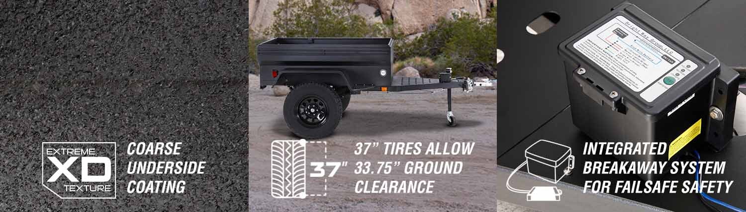 OVS off road trailer coarse underside coating 37 inch tires 33.75 inch ground clearance integrated breakaway system failsafe safety