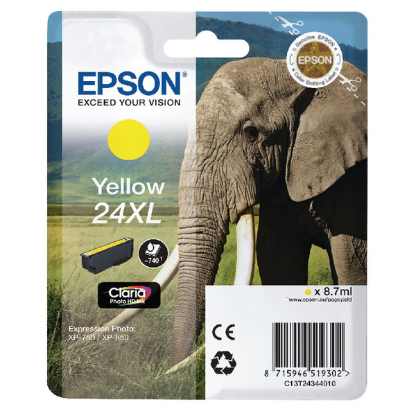 Genuine Epson 24XL (T2434) Yellow Inkjet Cartridge C13T24344010 (Elephant)