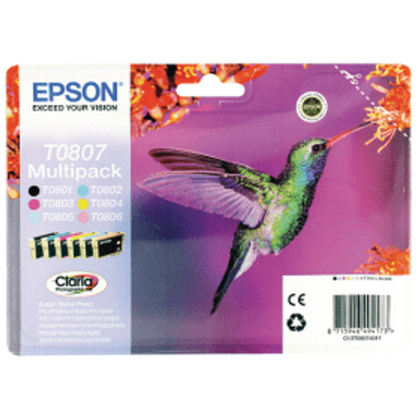 Genuine Epson T0807 Value Pack Inkjet Cartridges C13T08074011 (Hummingbird)