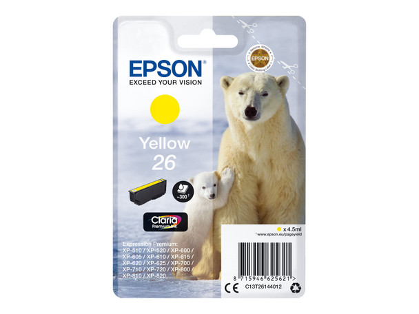 Genuine Epson 26 (T2614) Yellow Inkjet Cartridge C13T26144010 (Polar Bear)