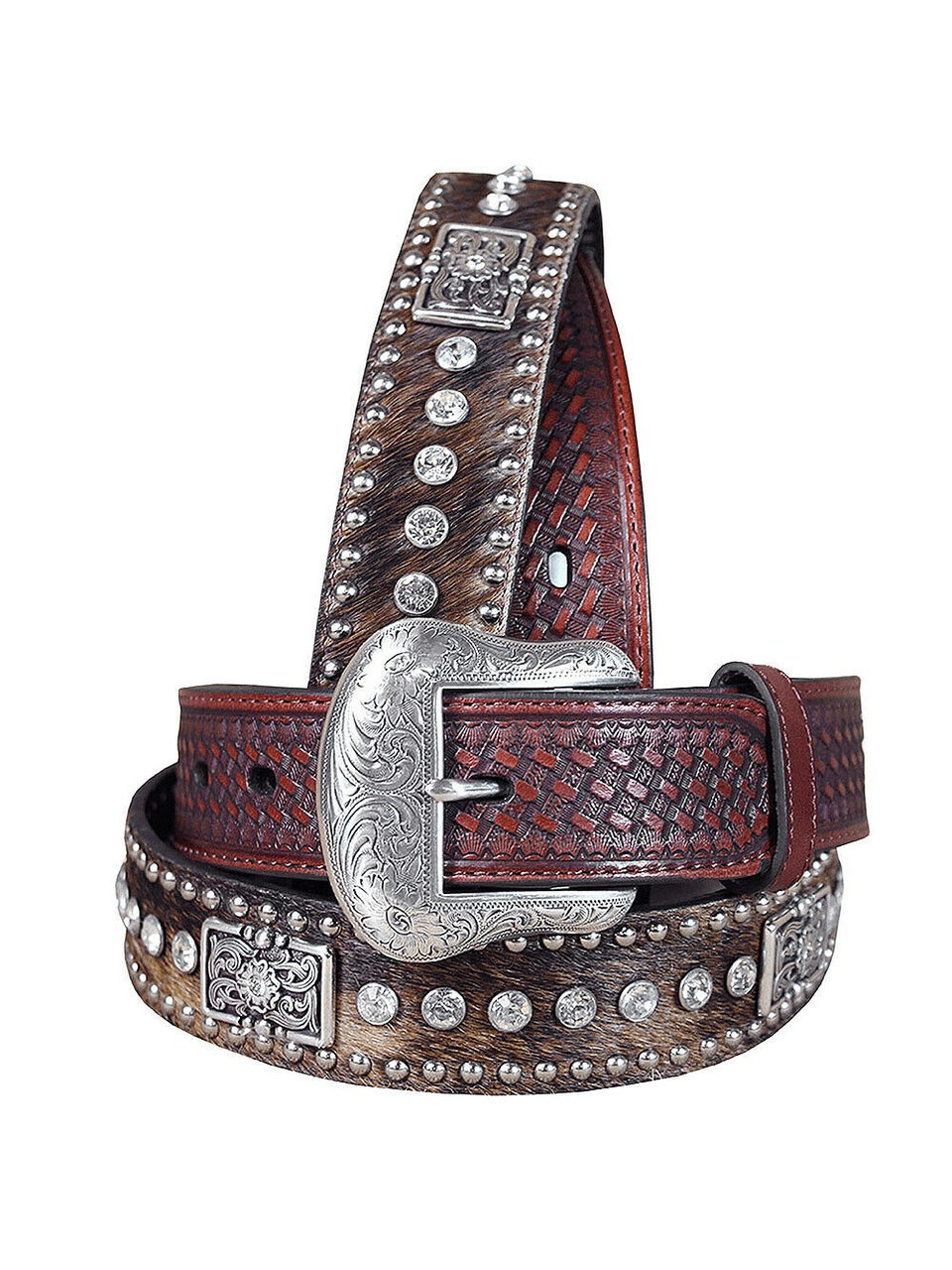 Belt Hair On Hide Women Western Cross Religious Brown Rhinestones Bling 38