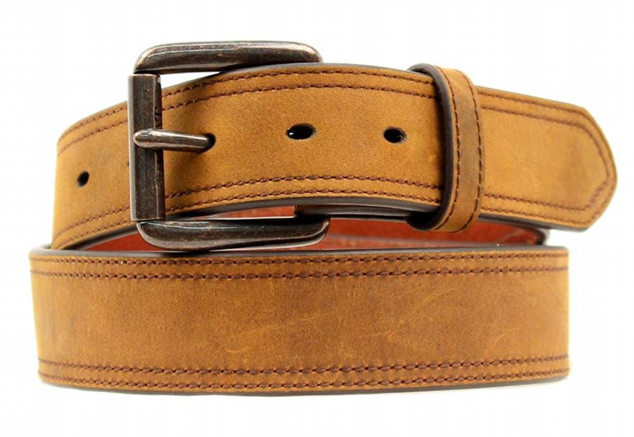 AriatÂ® Men's Distressed Leather Double Stitch Logo Brown Belt