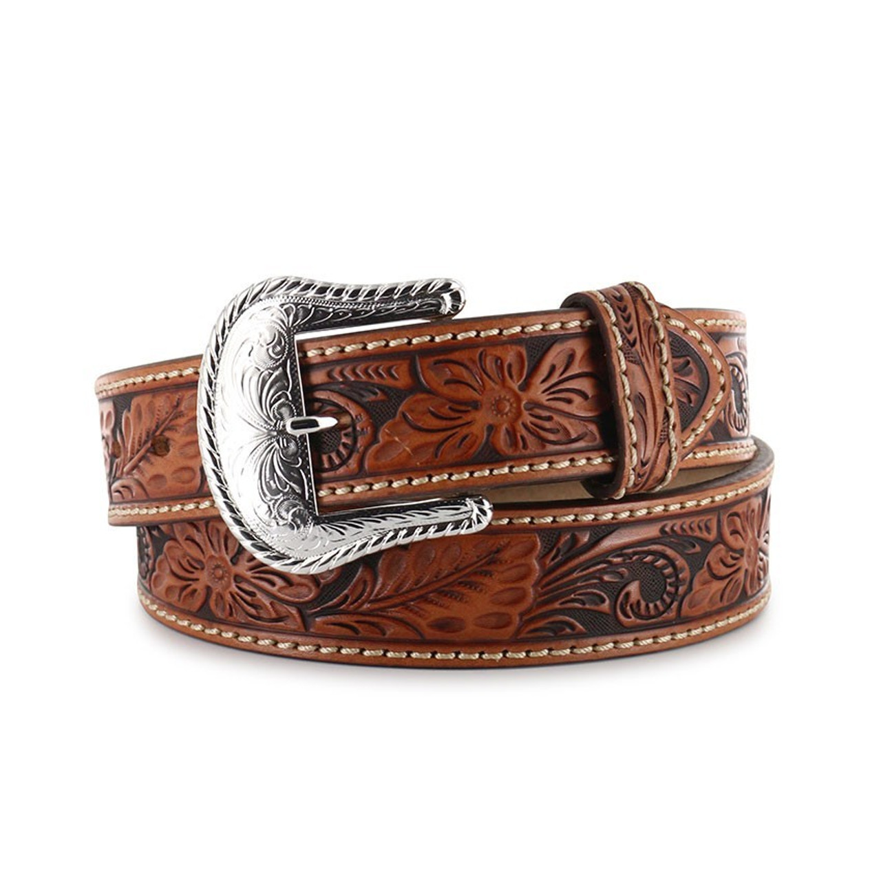 Tony LamaÂ® Men's Brown Floral Hand Tooled Leather Belt