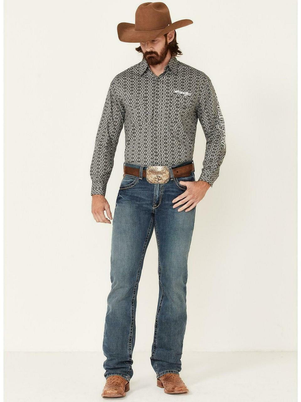 90s USA製 Wrangler S/S シングルステッチ メンズ L Wrangler® Men's L/S Grey Geo Print Logo Button Down Shirt