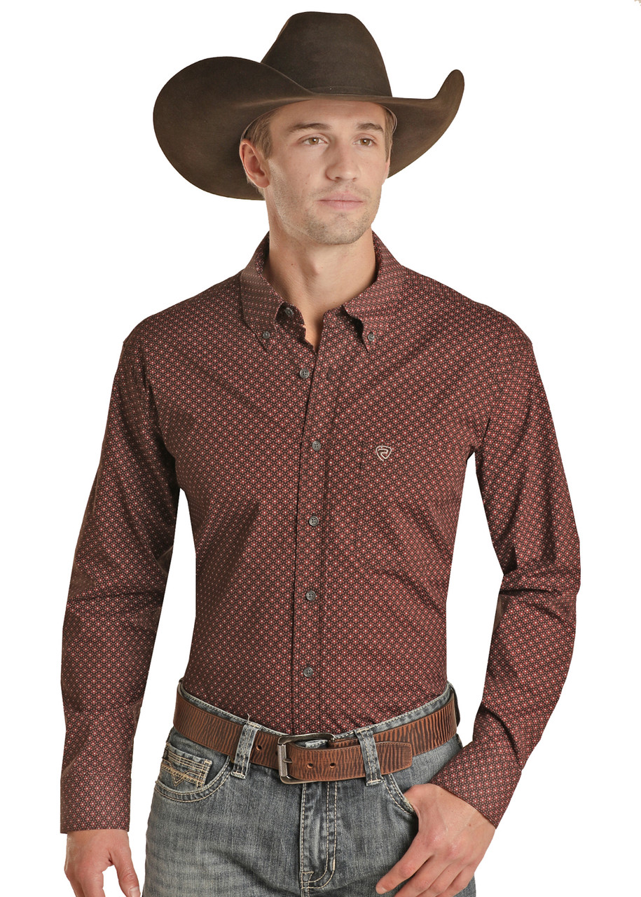 Rock & Roll Cowboy® Men's L/S Red/Brown Geo Print Woven Button