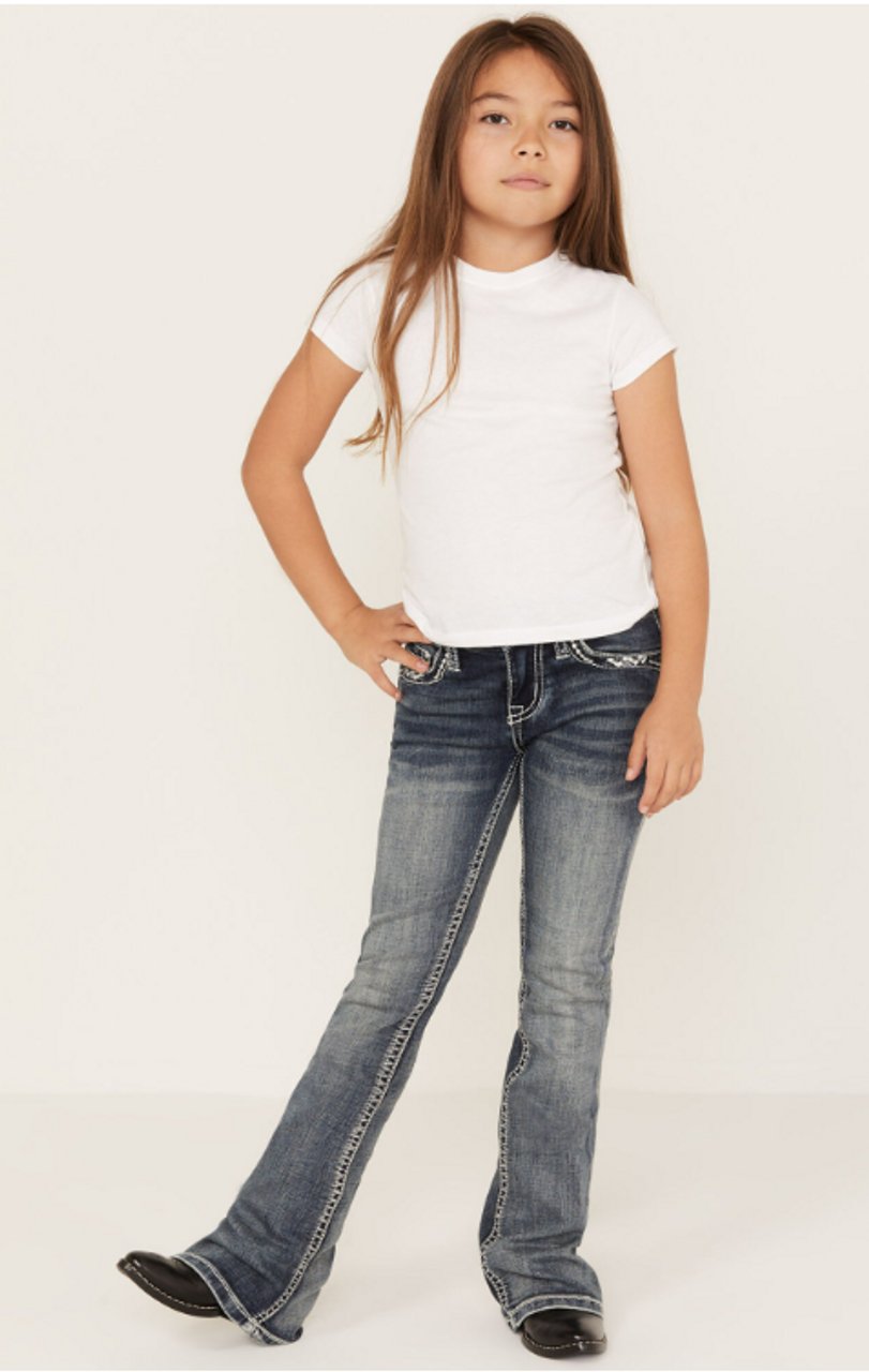 Grace In LA® Girl's Boot Cut With Cactus Embroidered Pocket Jeans