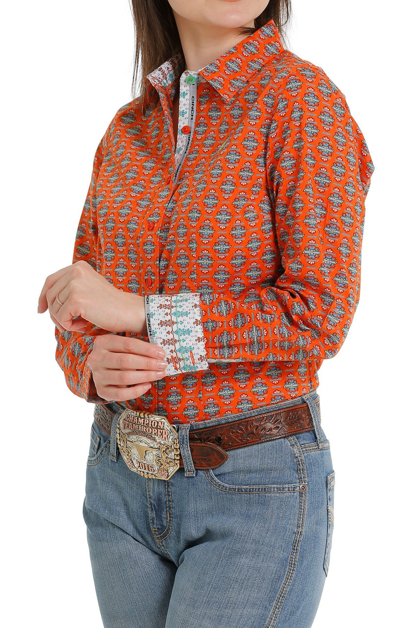 MSW9164190 Cinch Women's Orange Button Down Western Shirt