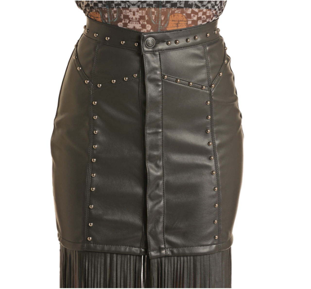 Women's High Rise Extra Stretch Pleather Skirt with Chain Fringe | Rock and Roll Denim - 28