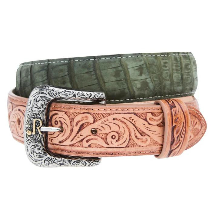 R. Watson® Men's Olive Nubuck Sueded Caiman/Tooled Leather Billets