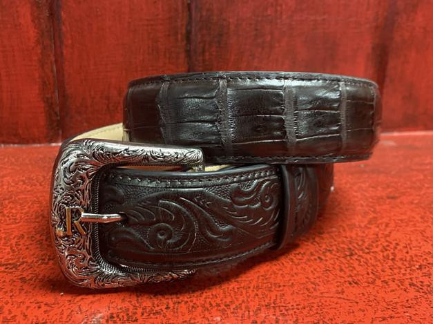 R. Watson® Men's Chocolate Glazed Caiman/Tooled Leather Billets Belt