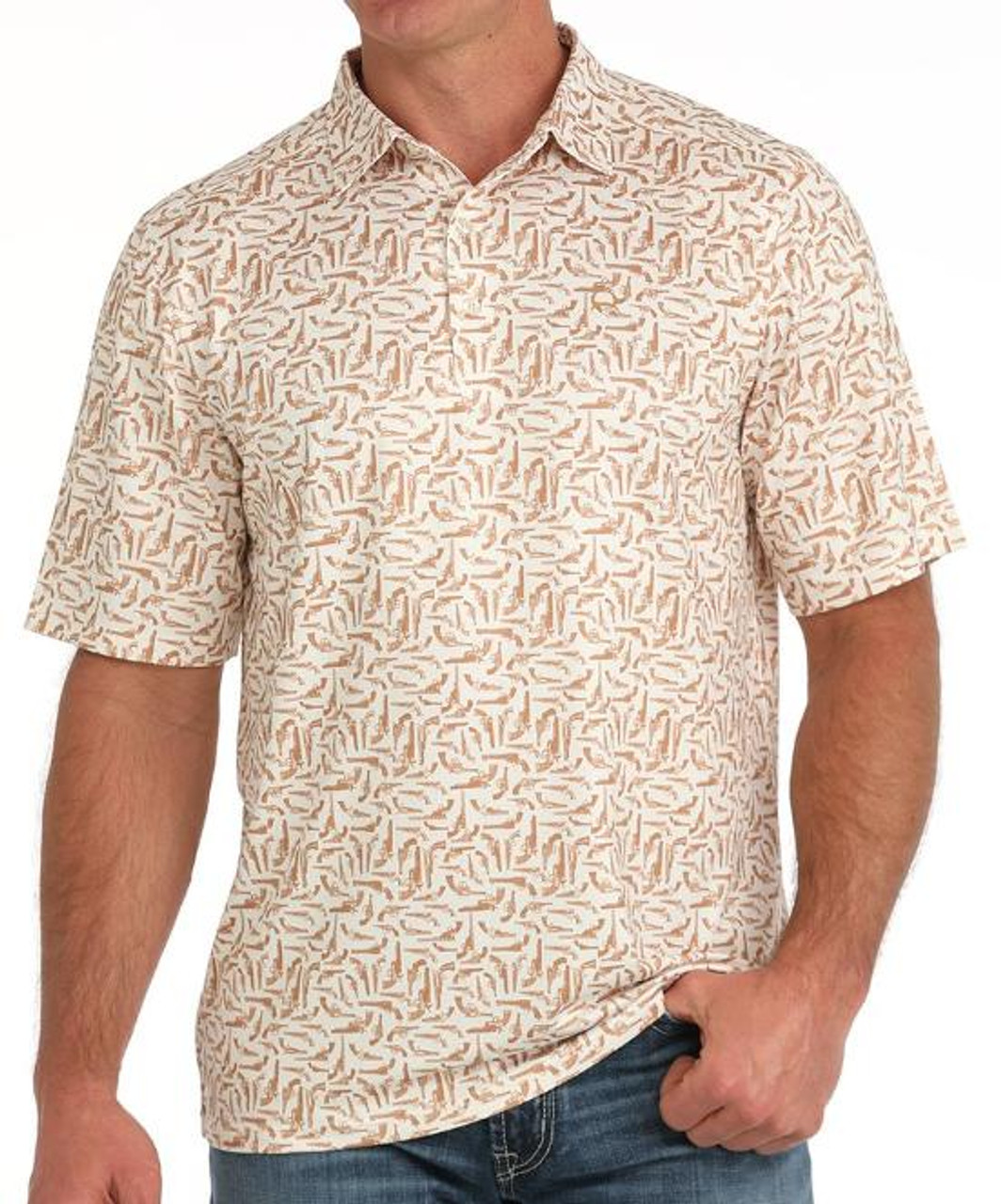 Cinch® Men's S/S Cream/Brown Pistol Print ArenaFlex Polo Shirt