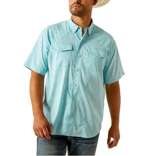 98Tシャツ Ariat® Men's S/S Turquoise/White Checked VentTEK Western Snap Shirt