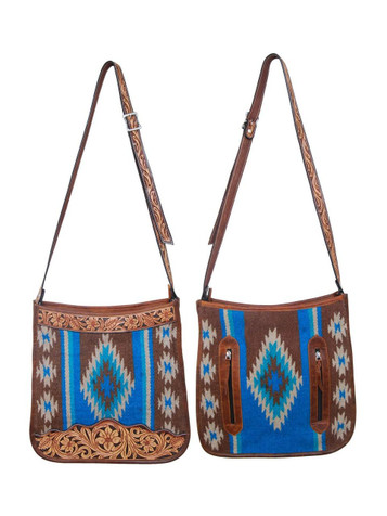 Rafter T Ranch® Ladies' Blue Wool Pattern Tooled Leather Crossbody Rafter T Ranch® Ladies' Blue Wool Pattern Tooled Leather Crossbody