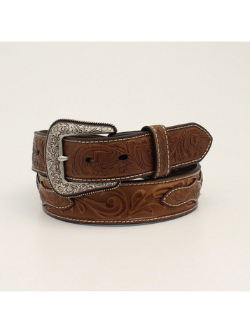 A1533602 Ariat Women's Brown Tooled Leather Belt w/Feathers & Silver  Turquoise Conchos