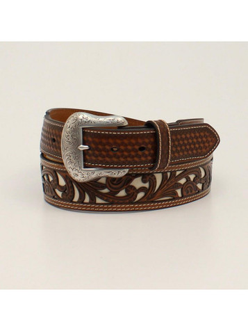 Nocona® Men's Tan Leather Ivory Underlay Floral Pattern Belt Nocona® Men's Tan Leather Ivory Underlay Floral Pattern Belt