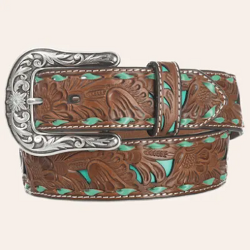 Nocona® Ladies' Tan Floral Embossed Leather Belt with Turquoise Inlay Nocona® Ladies' Tan Floral Embossed Leather Belt with Turquoise Inlay