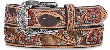 Ariat® Ladies' Red Flower with Cowhide Inlay and Turquoise Embellishments Tooled Belt