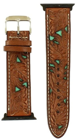 Nocona® Tooled Turquiose Floral Underlay iWatch Band