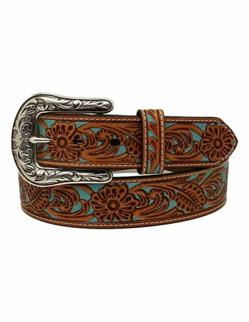 Ariat® Ladies' Brown Floral Tooled/Turquoise Western Belt