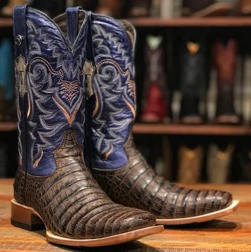 SALE Tanner Mark® Men's Brown Caiman Belly Print/Blue Top Square Toe Boots