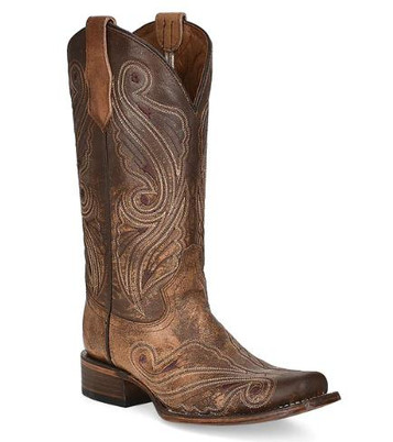CORRAL BOOT CO. Circle G By Corra® Ladies Sand & Brown Embroiderd Square Toe Boots