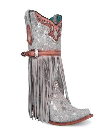 SALE Corral Boots® Ladies' White Acid Wash Fur Harness with Studs & Lamb Fringes Snip Toe Boots