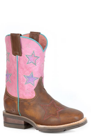 SALE Roper® Girls' Brown/Pink Stars Square Toe Boots