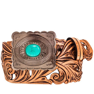 Hooey® Ladies' Rogue 1.5" Tan Filigree Belt with Turquoise Buckle Hooey® Ladies' Rogue 1.5" Tan Filigree Belt with Turquoise Buckle
