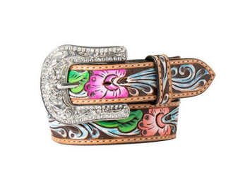 Angel Ranch® Girls' Multi-Colored Hand Tooled/Painted Floral Feathers Belt Angel Ranch® Girls' Multi-Colored Hand Tooled/Painted Floral Feathers Belt
