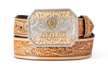 Ariat® Men's Tan Floral Scroll Embossed Belt with Logo Buckle
