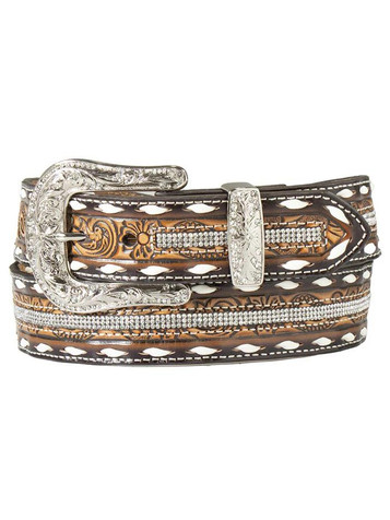 SALE Angel Ranch® Ladies' Brown Floral Tooled Crystal Inlay Buckstitched Belt
