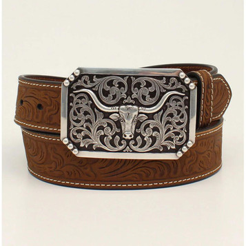 3D Belts® Men's Brown Floral Embossed Longhorn Buckle Belt