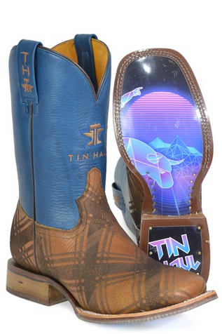 SALE Tin Haul® Men's Criss Cross Tan/Blue Upper Geo Rider Sole Square Toe Boots