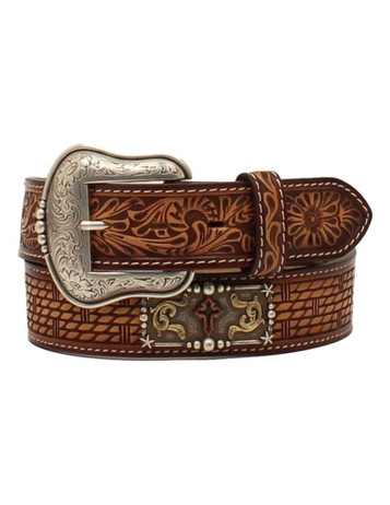 3D Belts® Men's Brown Tooled with Rectangle Cross Conchos Belt 3D Belts® Men's Brown Tooled with Rectangle Cross Conchos Belt