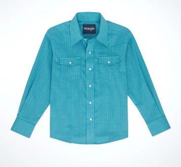 SALE Wrangler® Boys' L/S Teal Check Wrinkle Resistant Snap Shirt