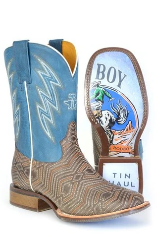 SALE Tin Haul® Men's Brown/Blue Quantum Zig-Zag Stitched Square Toe Boots