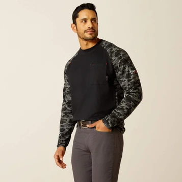 SALE Ariat® Men's L/S Black/Grey Camo FR Stretch Baseball T-Shirt