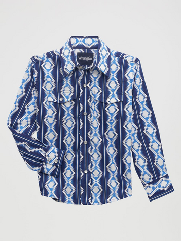 SALE Wrangler® Boys' L/S Blue Zigzag Checotah Print Snap Shirt