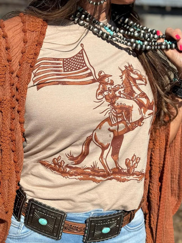 Texas True Threads® Ladies' S/S Tan/Clay American Cowboy T-Shirt Texas True Threads® Ladies' S/S Tan/Clay American Cowboy T-Shirt
