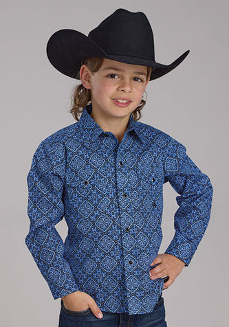 SALE Roper® Boys' L/S Sapphire Blue Print Snap Shirt