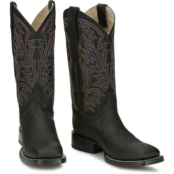 SALE Justin® Men's Black Three Bars Smooth Ostrich Square Toe Boots
