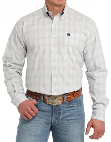 SALE Cinch® Men's L/S White/Light Grey Plaid Button Shirt