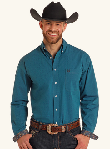 SALE Panhandle Rough Stock® Men's L/S Teal Iridescent Dobby Button Shirt