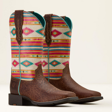 SALE Ariat® Ladies' Brown SW Embossed/Aztec Round Up Wide Square Toe Boots