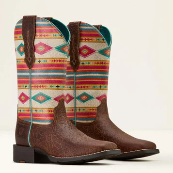 SALE Ariat® Ladies' Brown SW Embossed/Aztec Round Up Wide Square Toe Boots