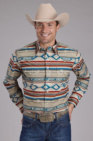 Roper® Men's L/S Tan/Turquoise Aztec Print Snap Shirt